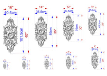 Load image into Gallery viewer, a series of ornate, decorative elements with measurements and scale drawings. The elements appear to be in a 3D model or digital format, and the image is described in terms of its size and dimensions.
