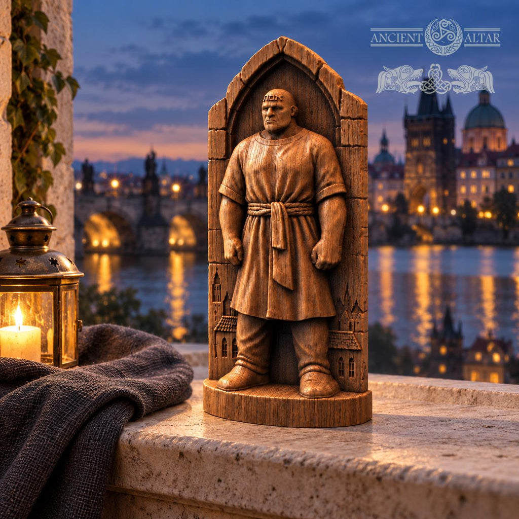 Golem of Prague Statue, Solid Oak Jewish Folklore Sculpture, Gothic Arch and Old Town Details, Judaica Decor, Fantasy Collector Gift
