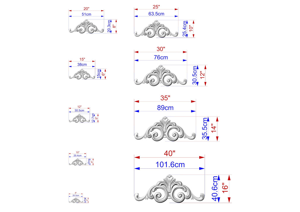 a series of images depicting various sizes of ornamental designs, likely used for scale reference or design purposes.