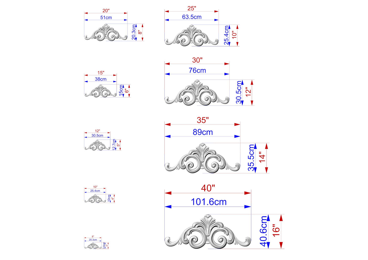 a series of images depicting various sizes of ornamental designs, likely used for scale reference or design purposes.