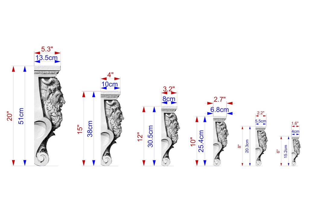 a series of seven different sizes of a decorative molding or architectural element, each with its own unique measurements and dimensions. The sizes range from 5.3" to 6.7" and are labeled with corresponding measurements in centimeters.