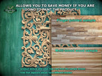 The image is a promotional advertisement for Master Oak, showcasing a variety of wood samples. It features a wooden panel with an intricate design, a finger-jointed sample, and a multi-toned wood sample. The text on the image provides information about the product, including the product texture and color, which may vary from the sample shown, and that adjacent pieces have different shades.