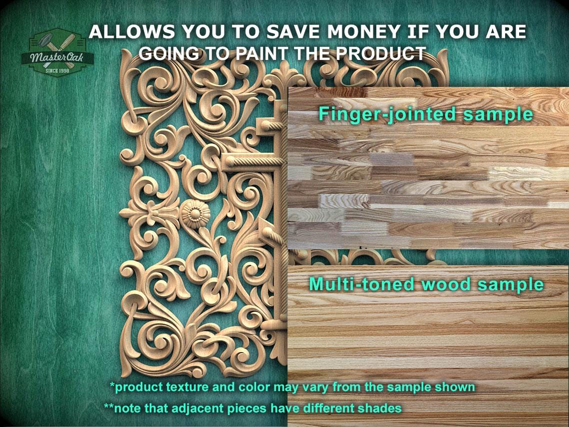 The image is a promotional advertisement for Master Oak, showcasing a variety of wood samples. It features a wooden panel with an intricate design, a finger-jointed sample, and a multi-toned wood sample. The text on the image provides information about the product, including the product texture and color, which may vary from the sample shown, and that adjacent pieces have different shades.