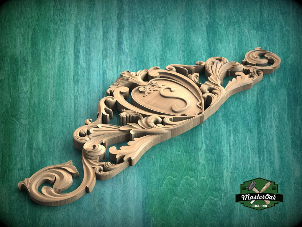 Personalized Baroque Style Carved Wood Onlay with Cartouche, Ornate Wood Crest Onlay Accent, Furniture Carving, Wood Onlay, 1pc, Unpainted