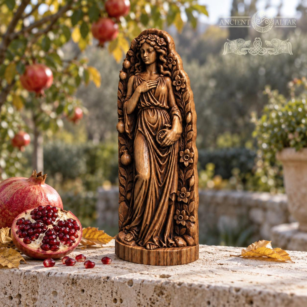 Persephone Goddess Statue, Wooden Queen of the Underworld Figurine, Pomegranate Altar Decor, Greek Mythology Gift