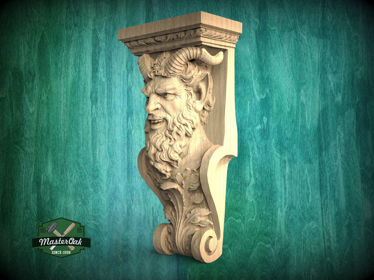 A carved wooden sculpture of a bearded man with horns, displayed against a green background.
