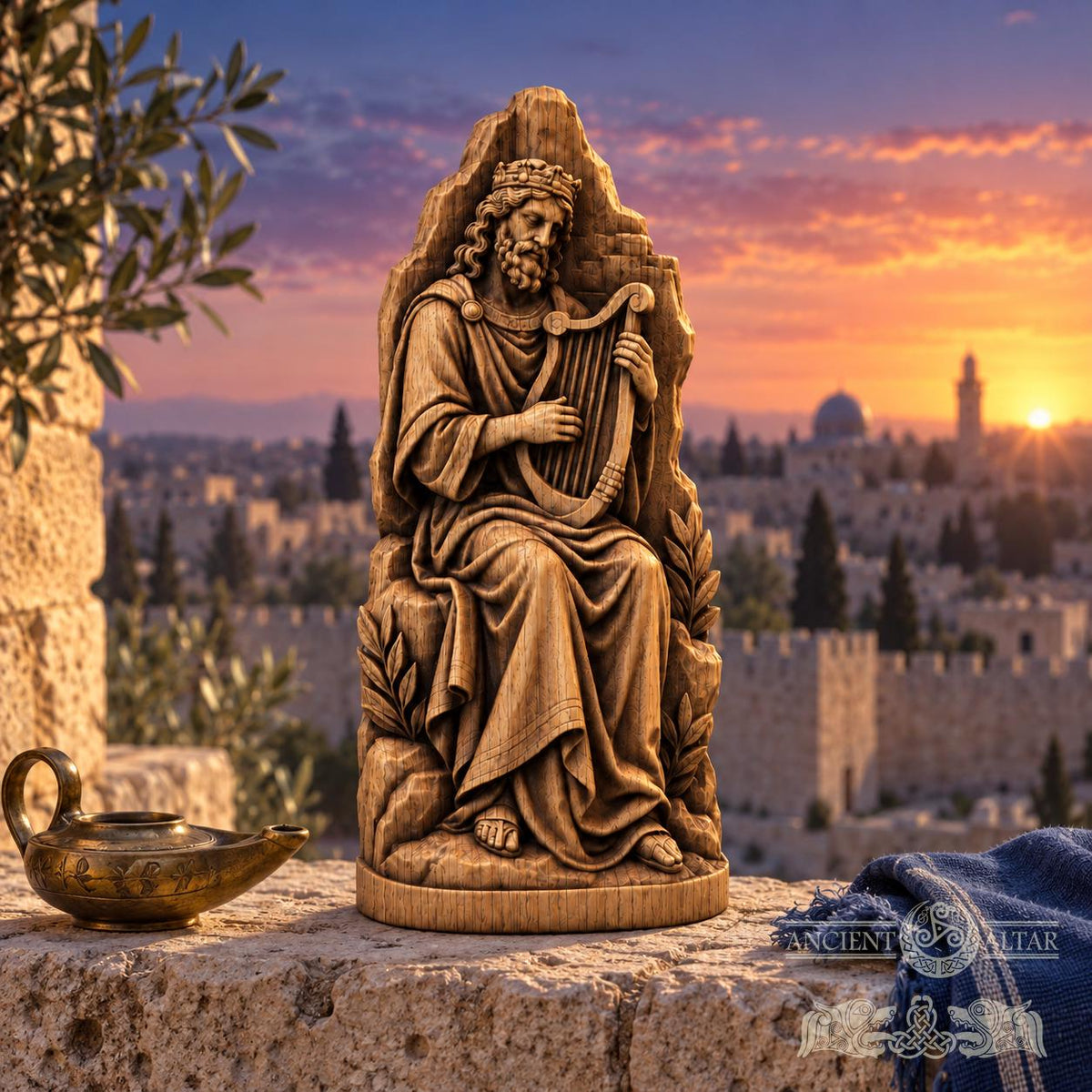 King David Playing Harp Statue, Solid Oak Biblical Sculpture, Seated Musician Figurine, Judaica Home Decor, Religious Gift