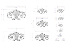 Load image into Gallery viewer, a collection of ornate, decorative designs in a 3D style, with measurements and scale details provided.
