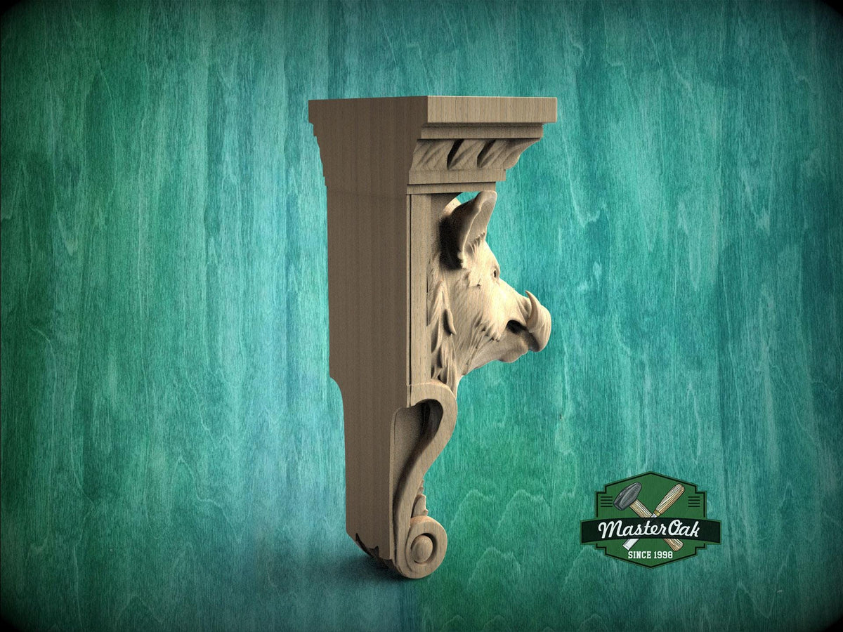 Boar Head Wood Corbel – Carved Rustic Wall Bracket for Shelves and Decor
