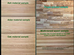 The image is a comparison of different types of wood samples, including an ash material sample, a finger-jointed sample, and a multi-toned wood sample.