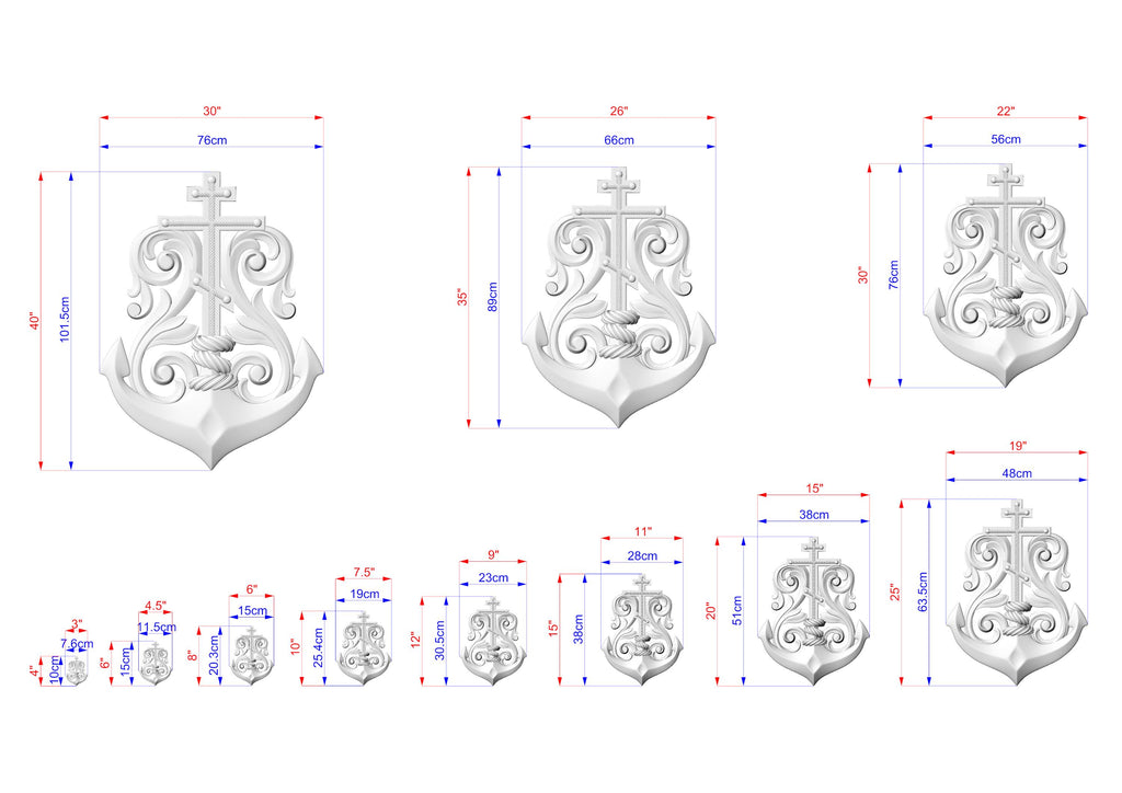 a series of white anchor designs with intricate patterns, each accompanied by its own set of measurements in centimeters. The anchors vary in size, ranging from small to large, and are displayed in a grid format with corresponding dimensions.
