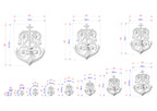 a series of white anchor designs with intricate patterns, each accompanied by its own set of measurements in centimeters. The anchors vary in size, ranging from small to large, and are displayed in a grid format with corresponding dimensions.