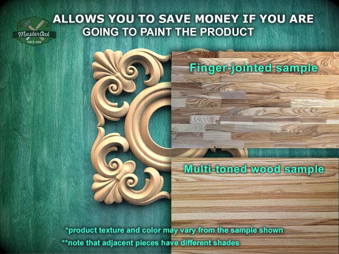 The image is a collage of three different wood samples, each with a distinct texture and color, showcasing the variety of the product. The samples include a finger-jointed sample, a multi-toned wood sample, and a multi-toned wood sample. The text in the image provides information about the product, such as the product texture and color, and notes that adjacent pieces have different shades.