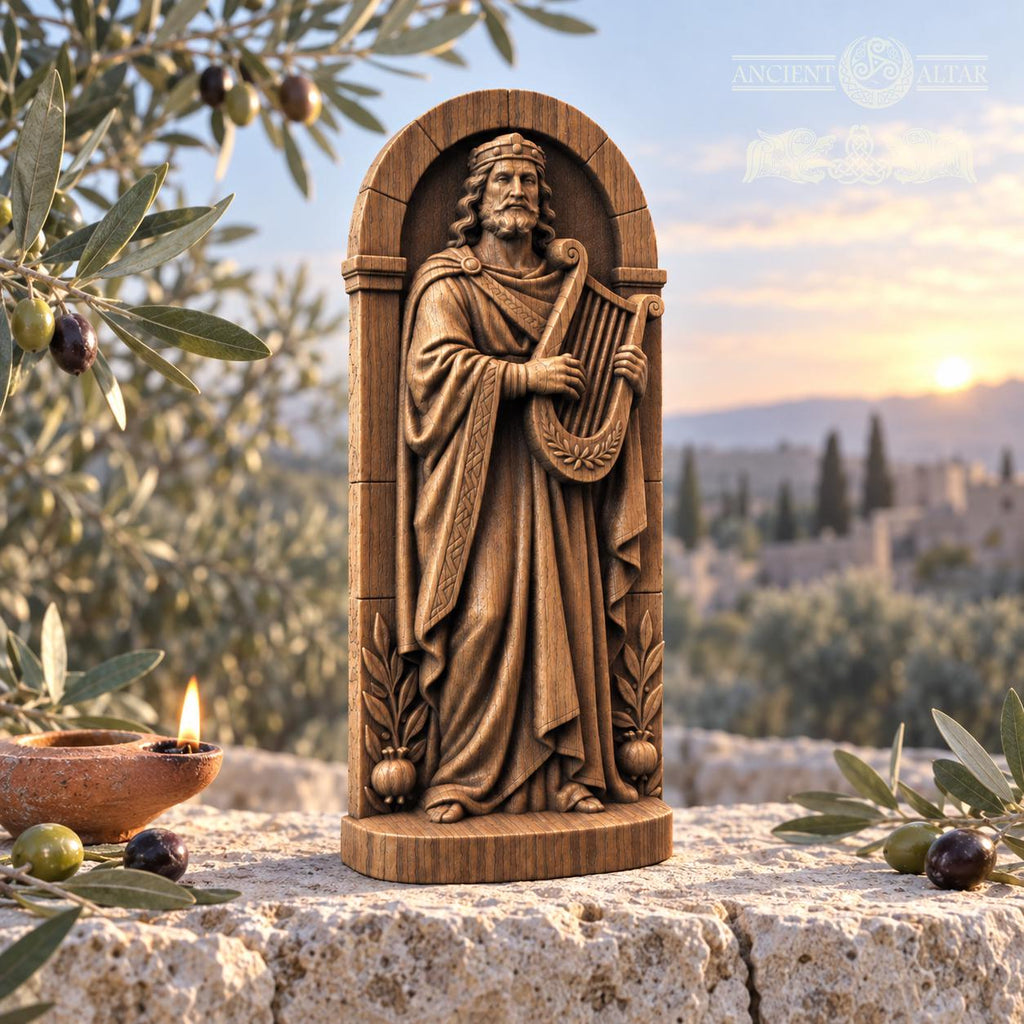 King David with Harp, Oak Wood Statue in Arched Frame, Biblical King Sculpture, Judaica Decor, Gift for Music Lovers