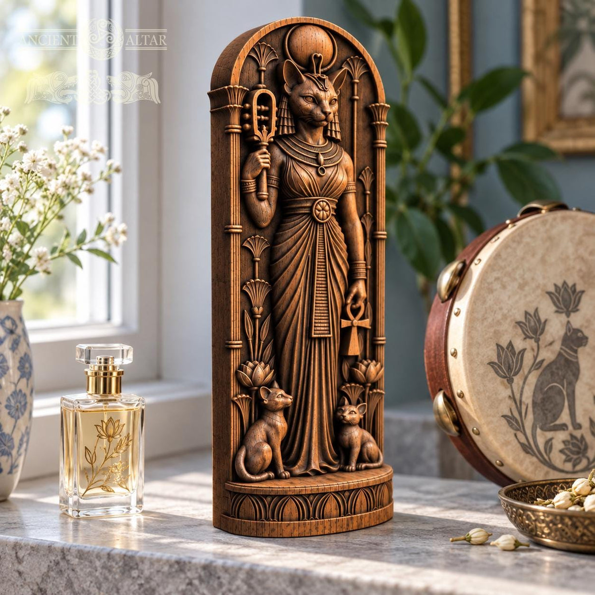 Bastet Statue with Kittens, Egyptian Cat Goddess Figurine, Wooden Altar Decor, Ancient Egypt Deity Sculpture, Pagan Gift