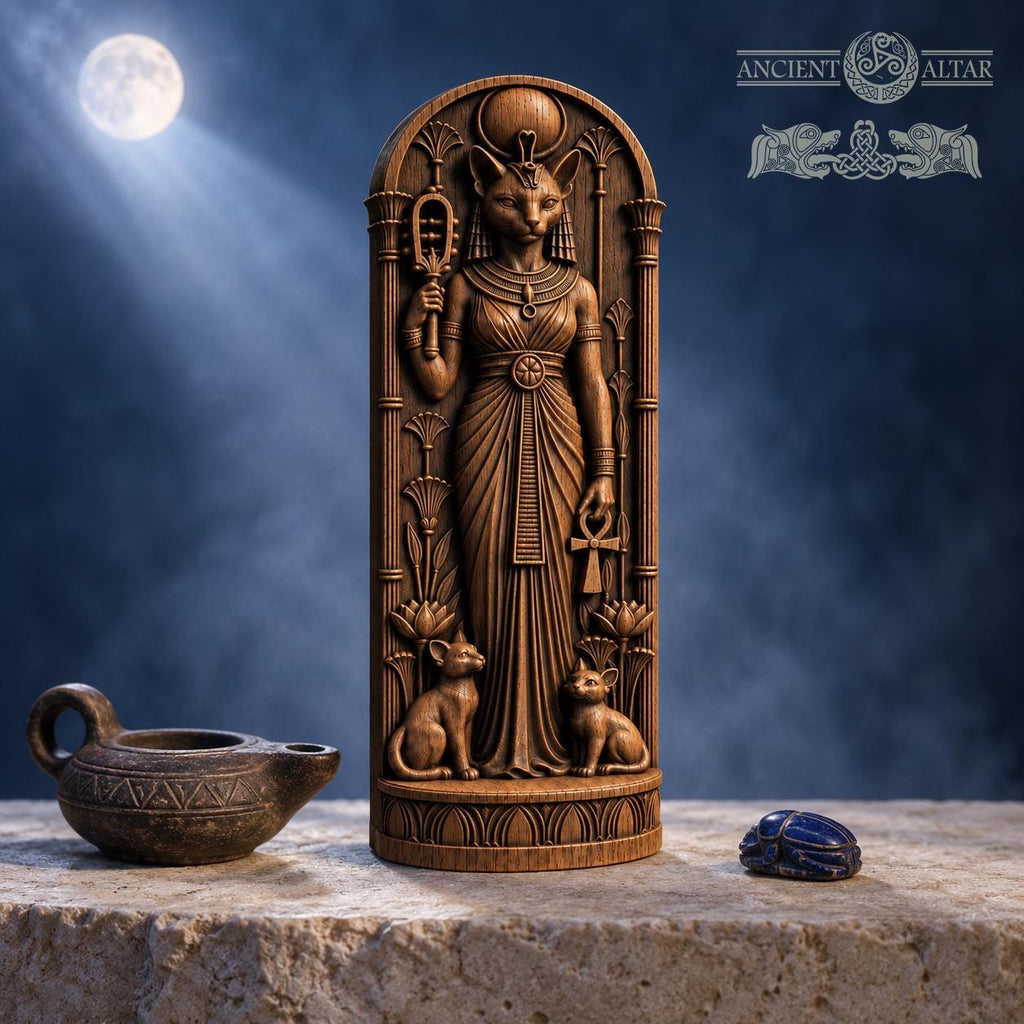 Bastet Statue with Kittens, Egyptian Cat Goddess Figurine, Wooden Altar Decor, Ancient Egypt Deity Sculpture, Pagan Gift