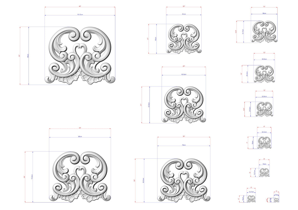 a collection of ornate, decorative designs in a 3D style, including various sizes and shapes. The designs are rendered in a black and white color scheme, and the image is described in terms of its size and dimensions.