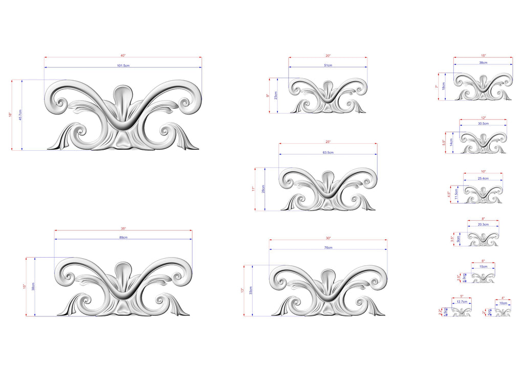 a collection of ornate, decorative designs or patterns, each accompanied by a set of measurements in centimeters. The designs are arranged in a grid format, with each row representing a different design and each column representing a different measurement. The image does not contain any text or additional elements that would require a more detailed description.
