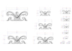 a collection of ornate, decorative designs or patterns, each accompanied by a set of measurements in centimeters. The designs are arranged in a grid format, with each row representing a different design and each column representing a different measurement. The image does not contain any text or additional elements that would require a more detailed description.