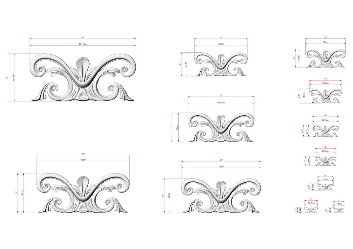 a collection of ornate, decorative designs or patterns, each accompanied by a set of measurements in centimeters. The designs are arranged in a grid format, with each row representing a different design and each column representing a different measurement. The image does not contain any text or additional elements that would require a more detailed description.