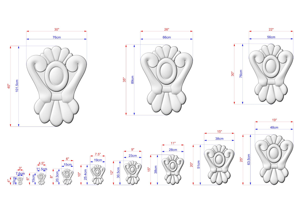 a series of white, decorative objects with various sizes and shapes, along with their corresponding dimensions. The objects appear to be in a 3D or digital format, and the image is likely intended for use in a design or architectural context.