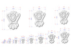 a series of white, decorative objects with various sizes and shapes, along with their corresponding dimensions. The objects appear to be in a 3D or digital format, and the image is likely intended for use in a design or architectural context.