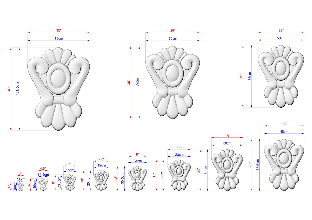 a series of white, decorative objects with various sizes and shapes, along with their corresponding dimensions. The objects appear to be in a 3D or digital format, and the image is likely intended for use in a design or architectural context.