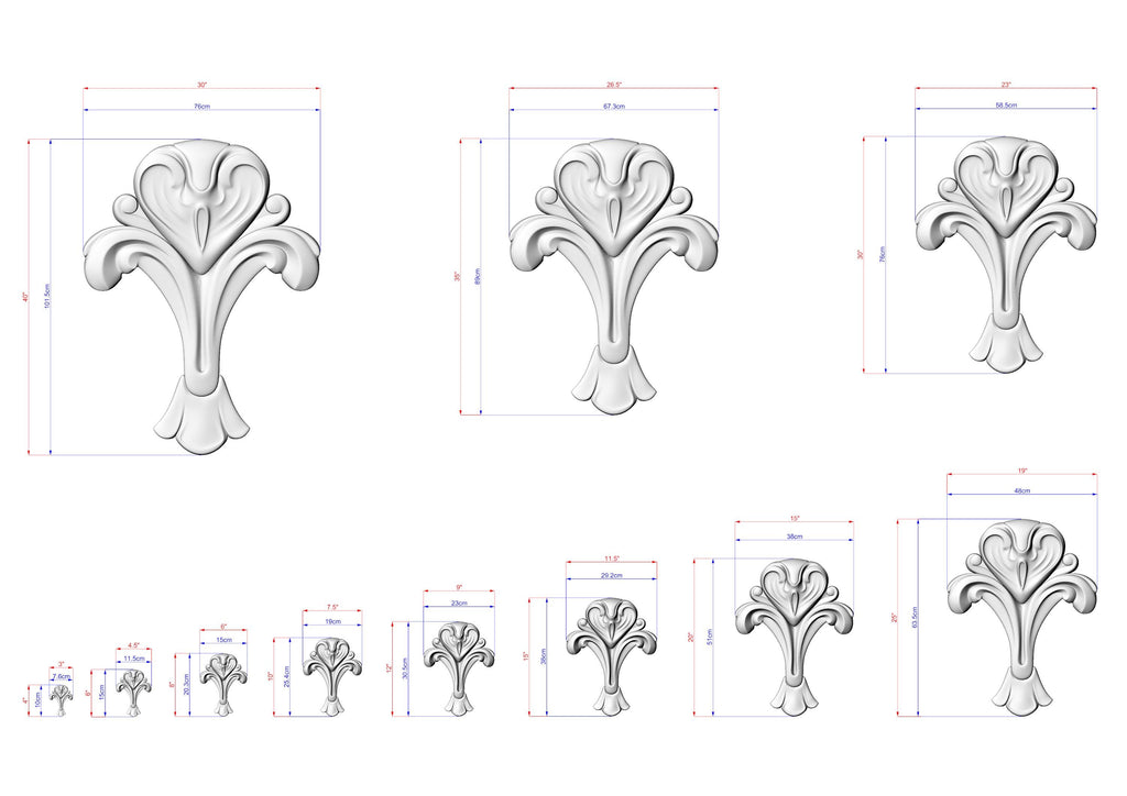 a series of three white, ornate, and stylized floral designs, each accompanied by a set of measurements in centimeters.