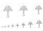 a series of three white, ornate, and stylized floral designs, each accompanied by a set of measurements in centimeters.