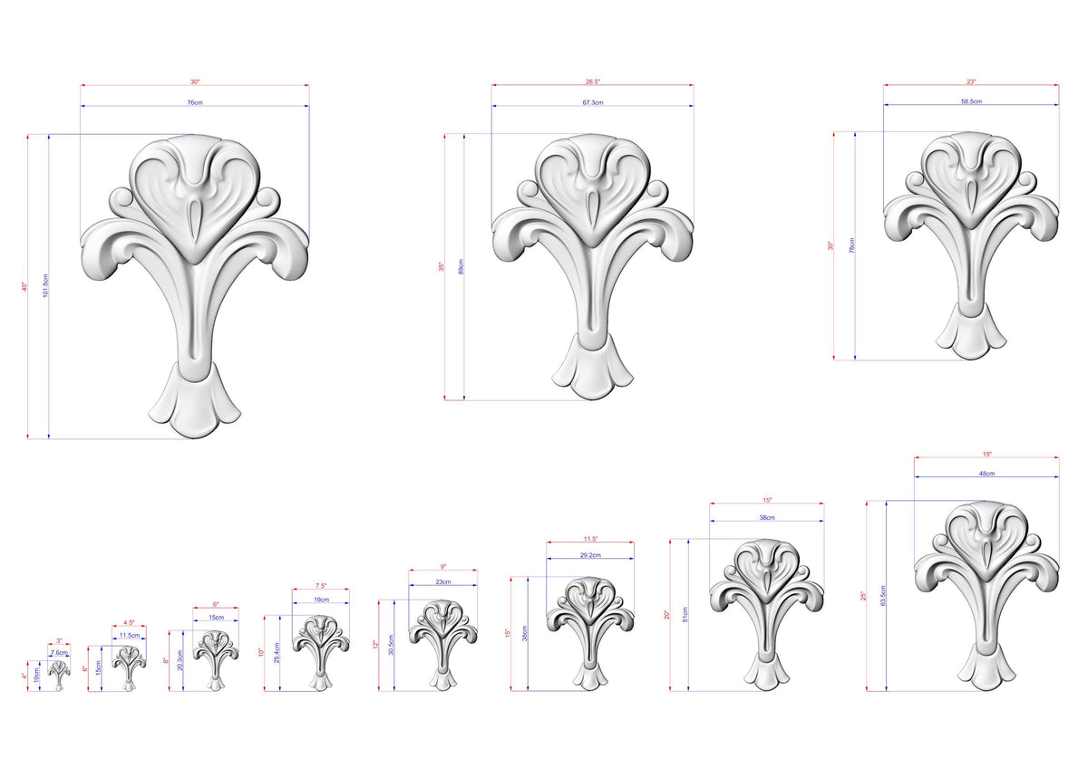 a series of three white, ornate, and stylized floral designs, each accompanied by a set of measurements in centimeters.