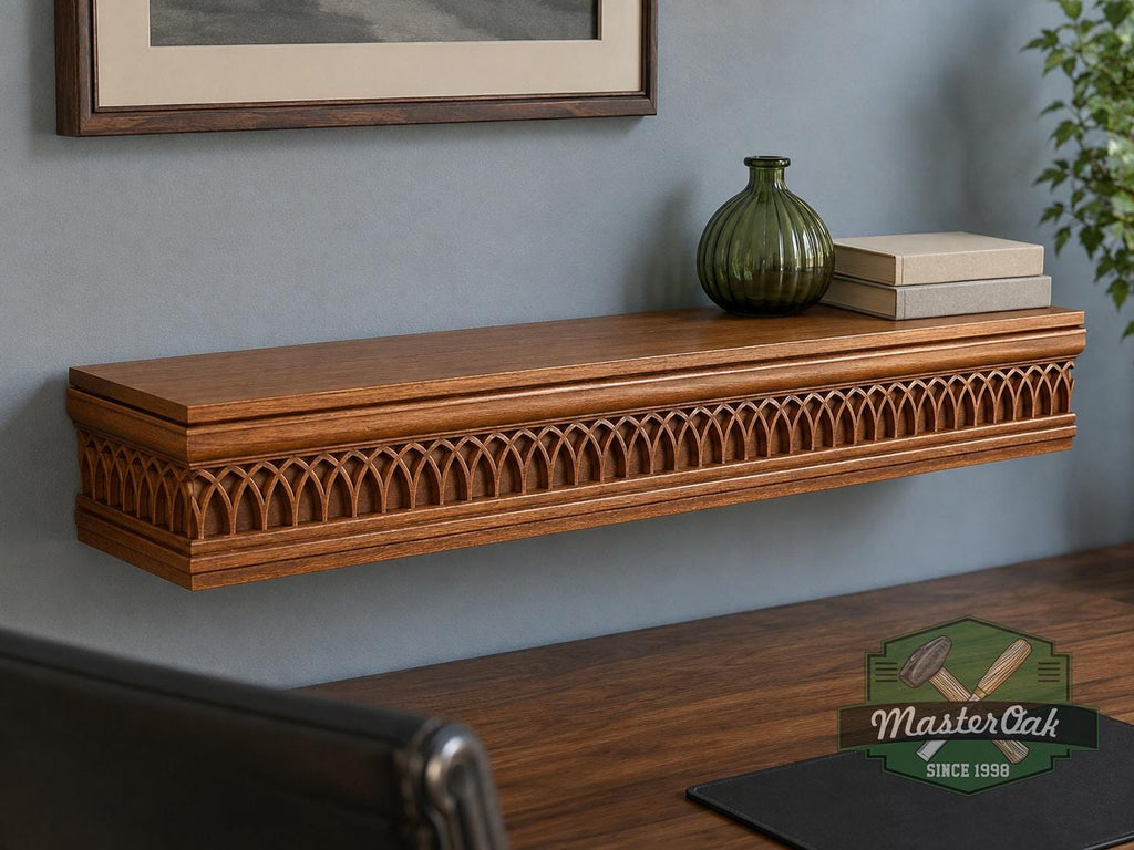 Carved Solid Oak Wall Shelf with Gothic Arch Pattern, Floating Display Shelf, Medieval and Dark Academia Home Decor