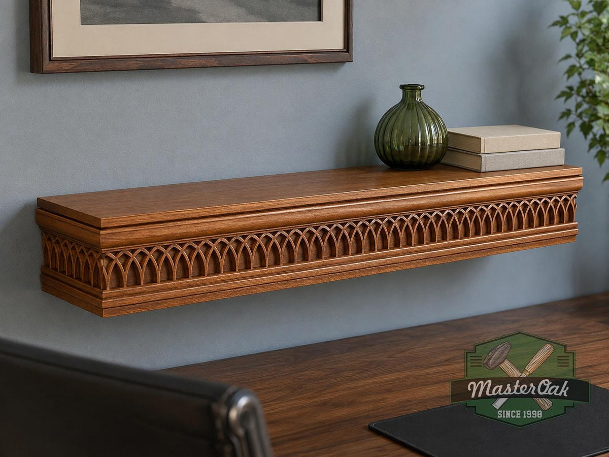 Carved Solid Oak Wall Shelf with Gothic Arch Pattern, Floating Display Shelf, Medieval and Dark Academia Home Decor