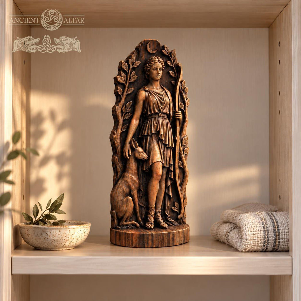 Artemis Huntress Statue with Deer, Wooden Greek Moon Goddess Figurine, Woodland Altar Decor, Archery and Nature Lover Gift