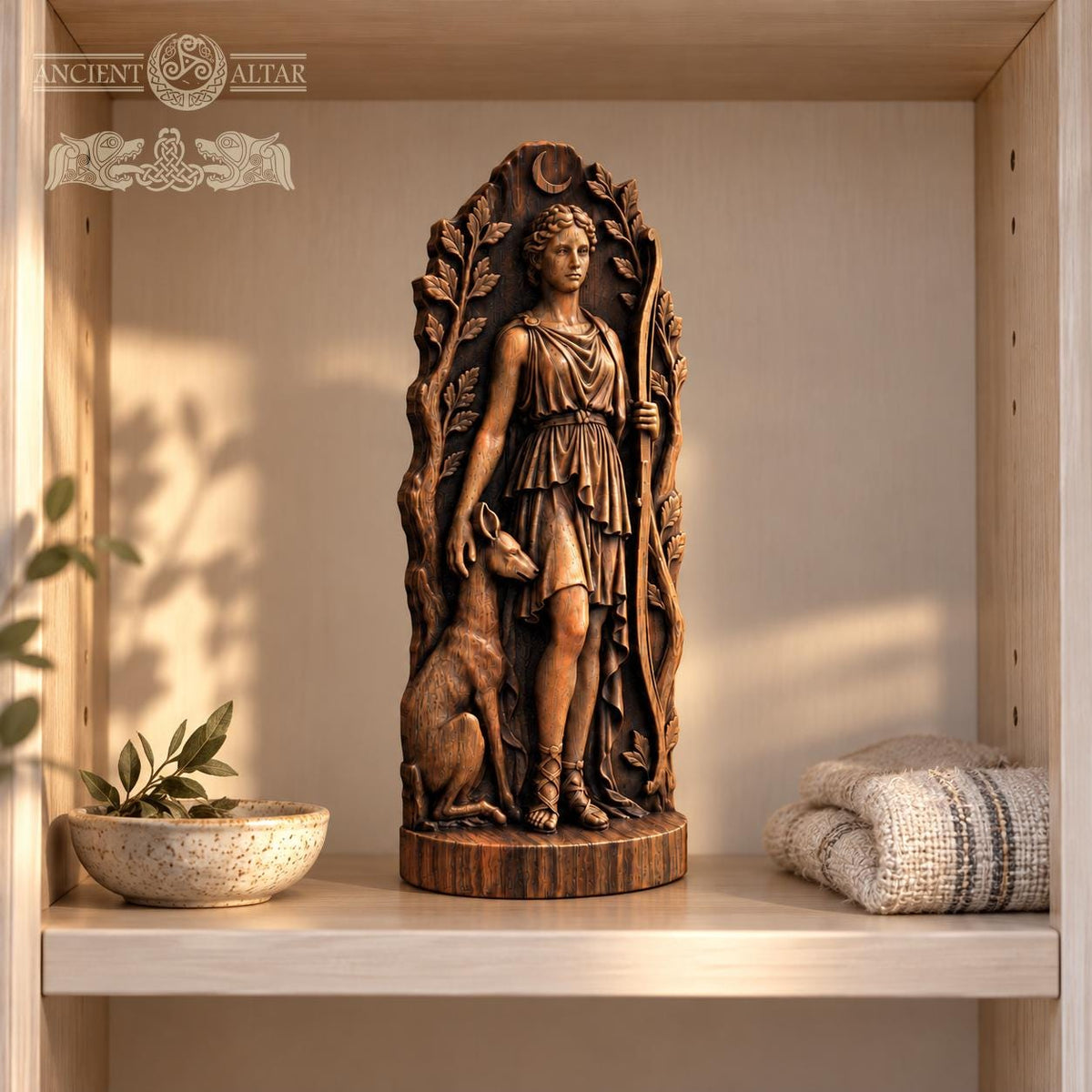 Artemis Huntress Statue with Deer, Wooden Greek Moon Goddess Figurine, Woodland Altar Decor, Archery and Nature Lover Gift