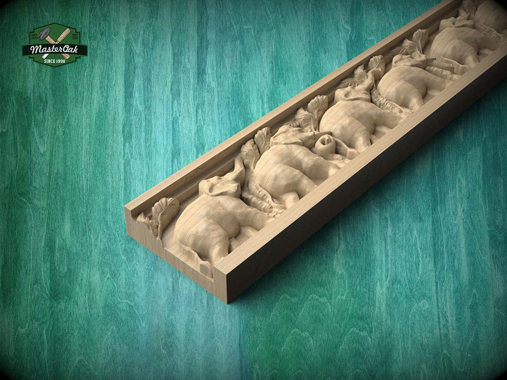 A wooden carving of a bear is displayed on a wooden surface against a green background.