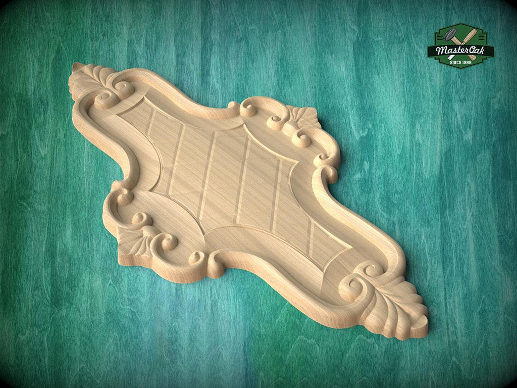 A wooden carving with an ornate, decorative design is displayed against a green background.