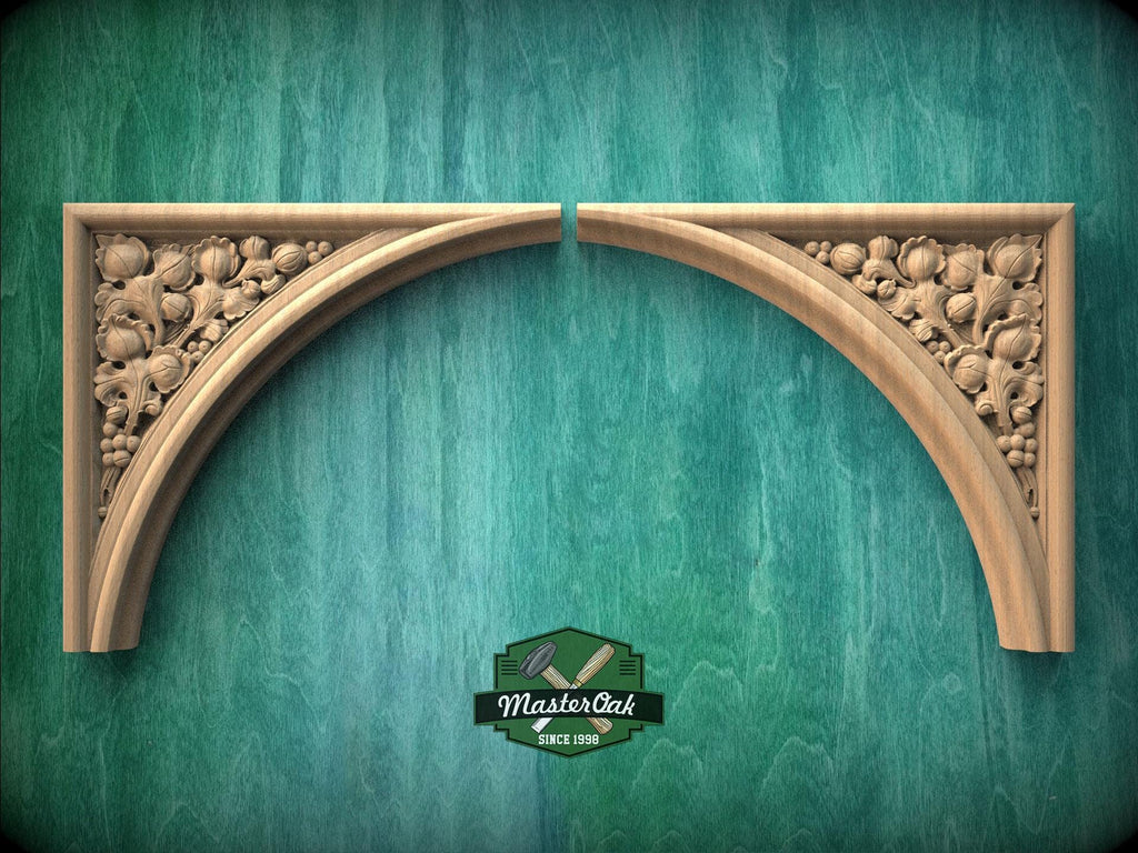 This pair of carved wooden arch corner onlays is inspired by Victorian Gothic design, combining elegant curvature with rich floral ornamentation