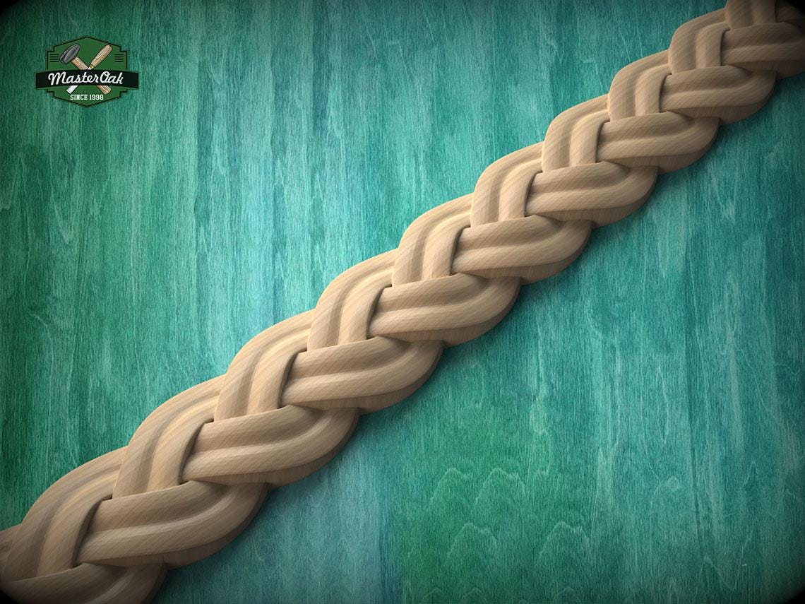 A close-up view of a braided wooden object, possibly a piece of furniture or a decorative item, against a green wooden background.
