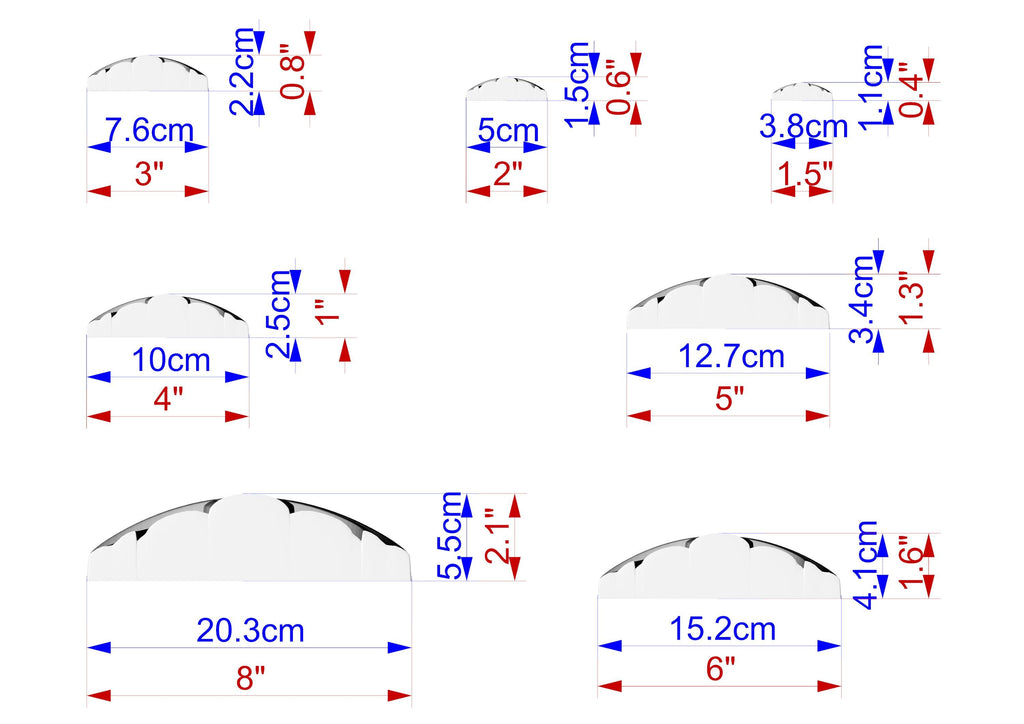 a series of seven different sizes of white circles, each with a corresponding measurement in centimeters. The sizes range from 7.6 cm to 3.5 cm, and the measurements are labeled with the corresponding size in centimeters.
