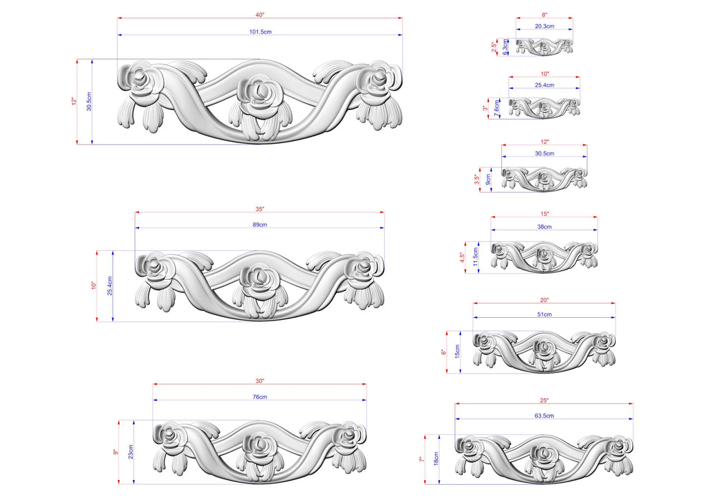 a collection of various sizes of decorative rose designs, each with its own unique style and dimensions. The images are arranged in a grid format, providing a visual representation of the different sizes and shapes of the rose designs.
