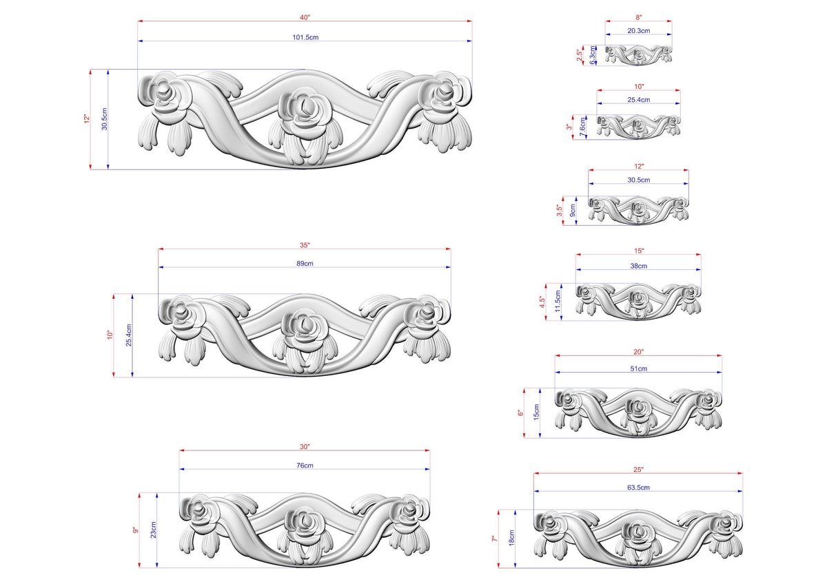 a collection of various sizes of decorative rose designs, each with its own unique style and dimensions. The images are arranged in a grid format, providing a visual representation of the different sizes and shapes of the rose designs.