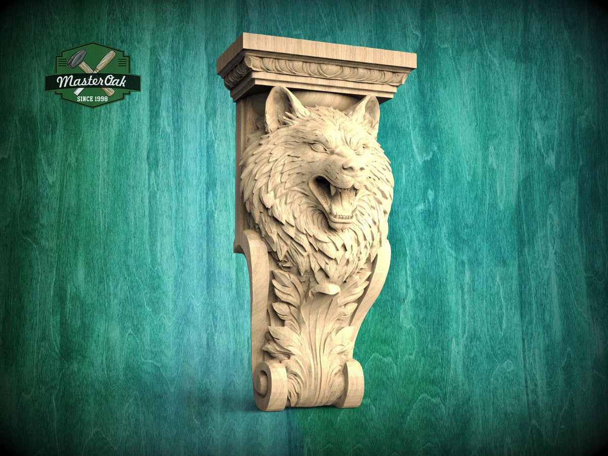 A carved wooden wolf head is displayed against a green background, with a logo for Master Oak visible in the top left corner.