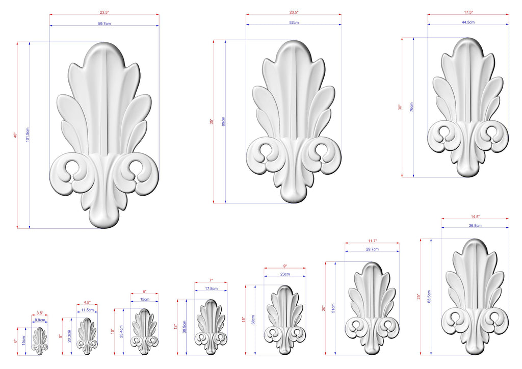 a collection of white, decorative elements with measurements and scale details. The elements appear to be ornamental or artistic in nature, possibly used for design purposes or as a decorative feature.