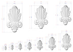 a collection of white, decorative elements with measurements and scale details. The elements appear to be ornamental or artistic in nature, possibly used for design purposes or as a decorative feature.