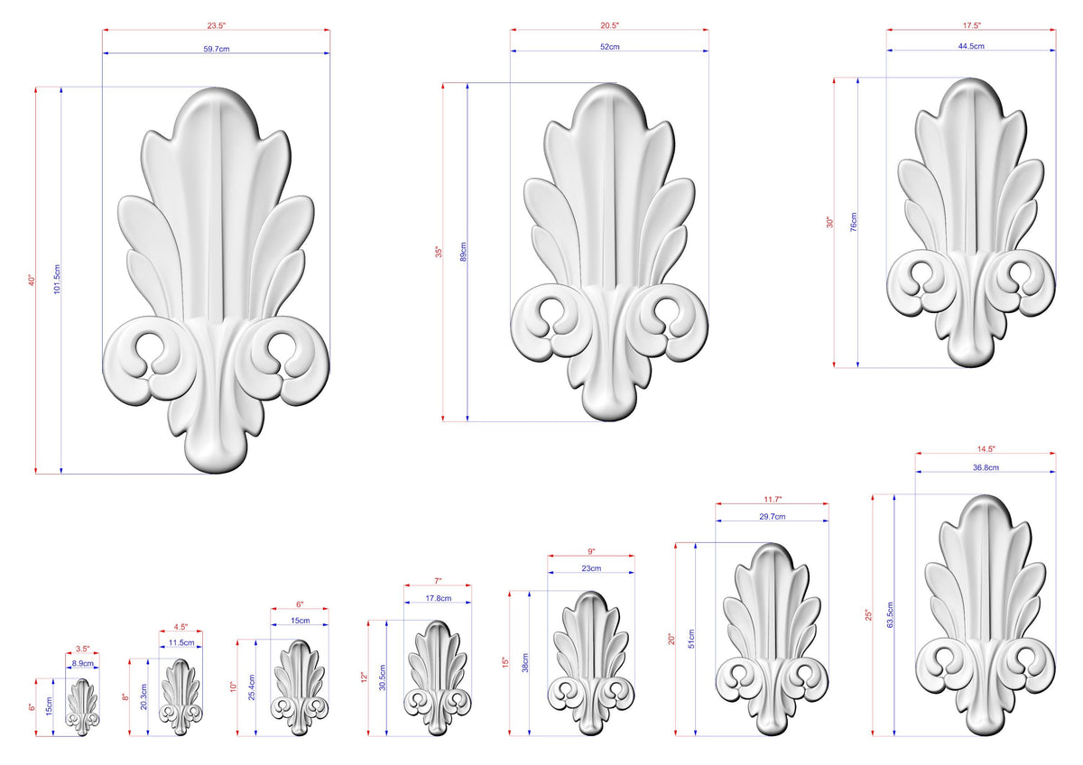 a collection of white, decorative elements with measurements and scale details. The elements appear to be ornamental or artistic in nature, possibly used for design purposes or as a decorative feature.