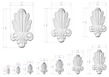 Load image into Gallery viewer, a collection of white, decorative elements with measurements and scale details. The elements appear to be ornamental or artistic in nature, possibly used for design purposes or as a decorative feature.
