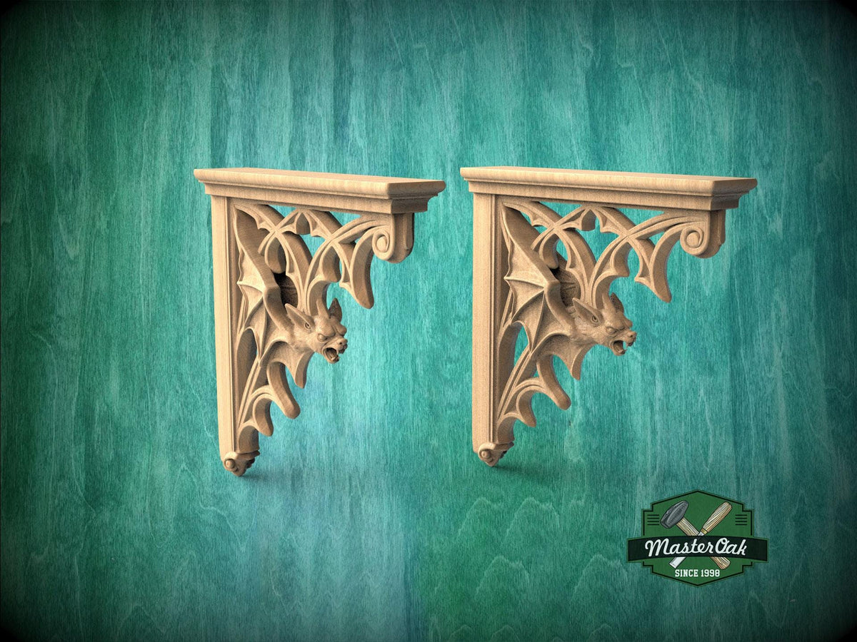Carved Gothic Bat Corbel for Shelves and Architectural Woodwork (Set of 2pcs)