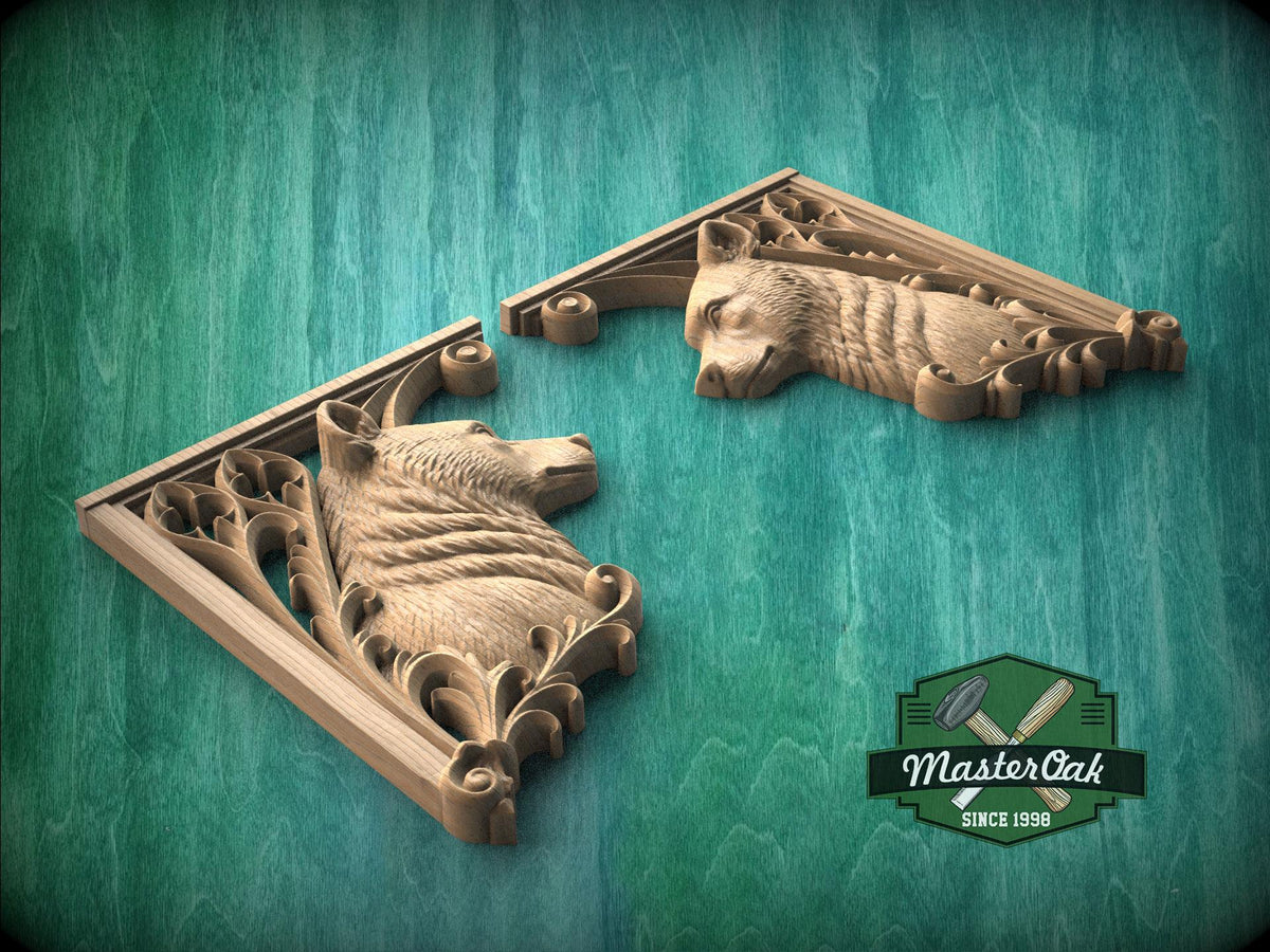 Carved Wood Bear Corner Onlays, Mirrored Pair with Gothic Scrollwork