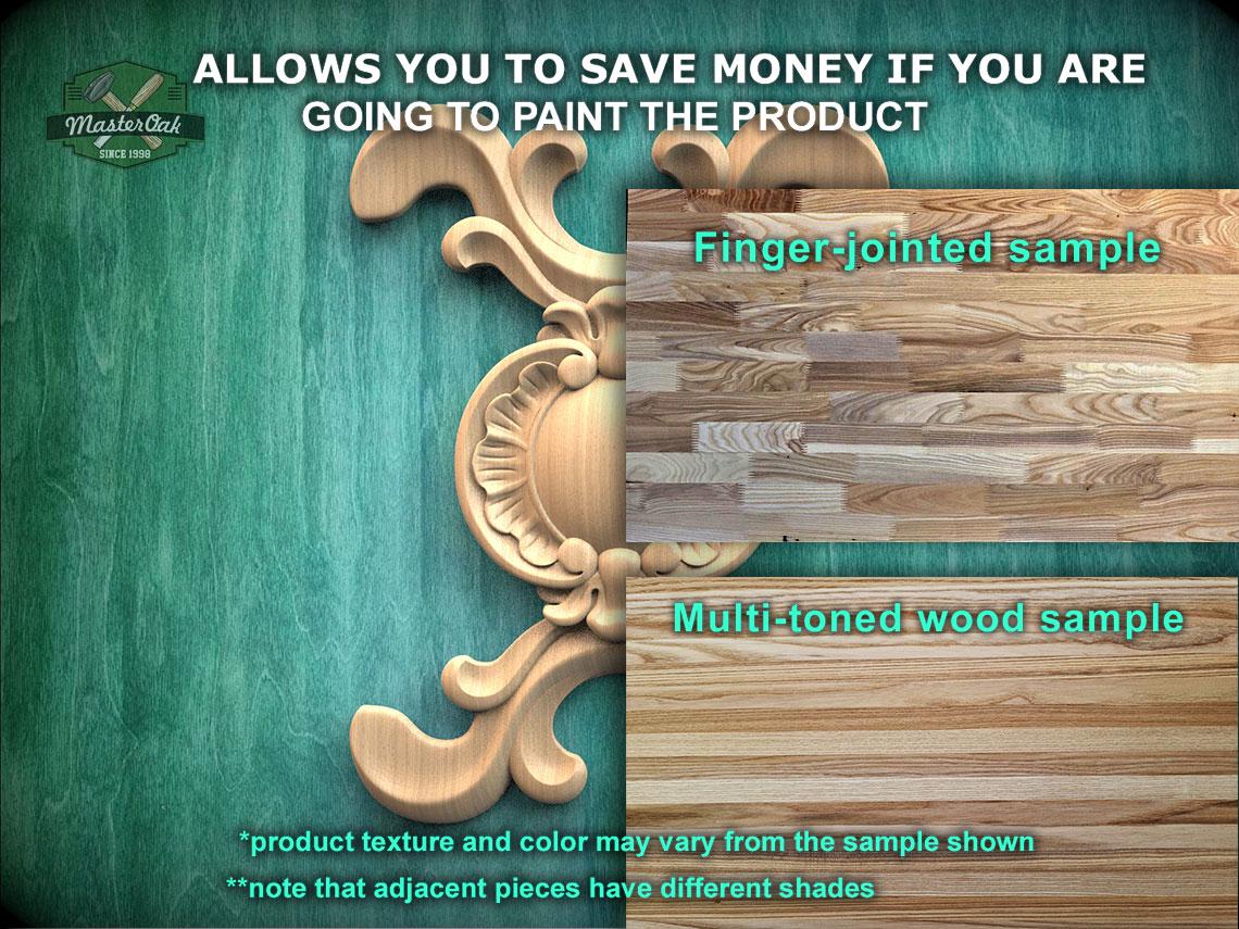 The image is a promotional advertisement for Master Oak Paint, showcasing two different types of wood samples. The text highlights that the samples allow customers to save money if they are going to paint the product, with a focus on the differences between the multi-toned wood sample and the finger-joined sample. The text also mentions that the product texture and color may vary from the sample shown, and that adjacent pieces have different shades.