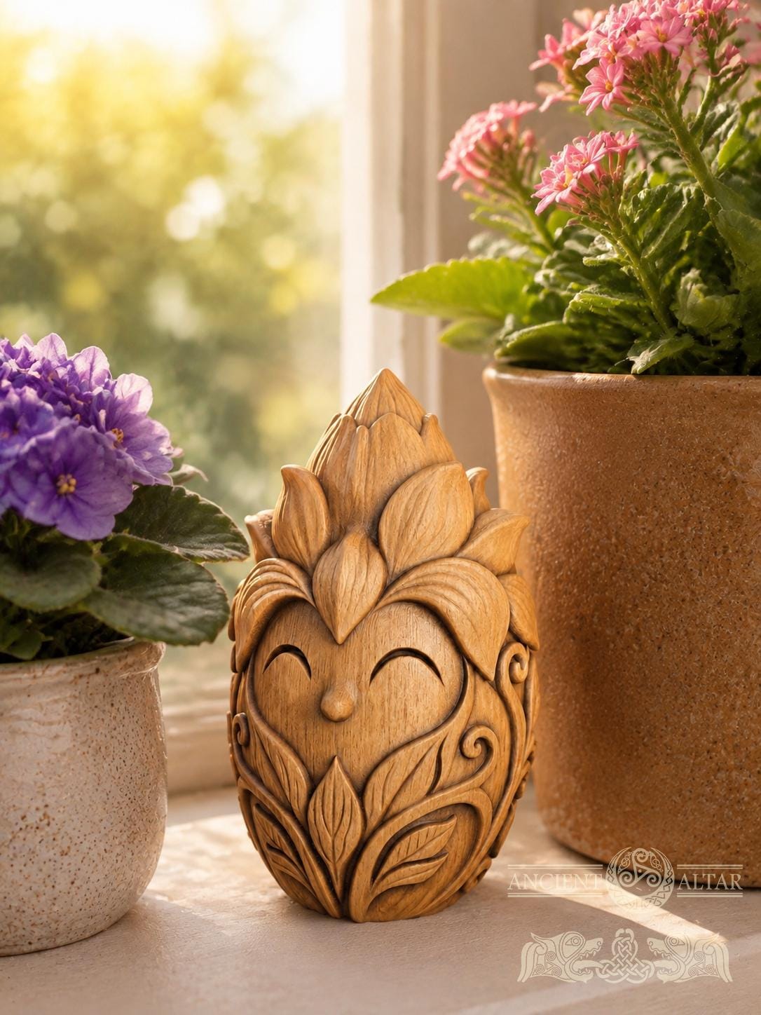 Bloom Keeper Wooden Forest Spirit Figurine, Oak Flower Guardian, Cottagecore Plant Lover Gift, Botanical Shelf Decor